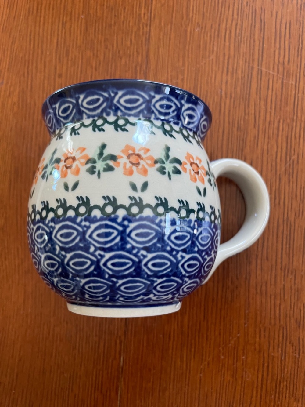 POLISH POTTERYBlue Floral Ceramic Mug with Orange Flower Detail, NWT